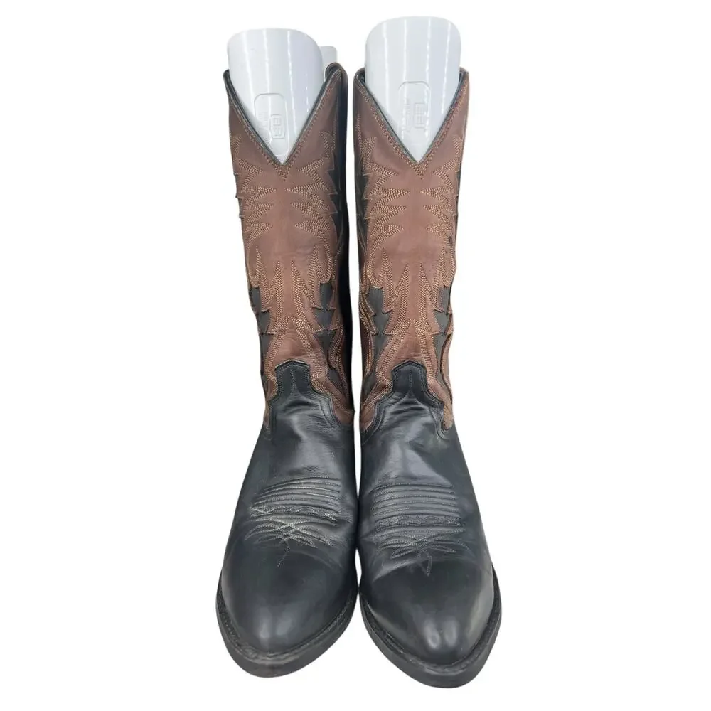 Vintage Dan Post Men’s Black Brown Leather Western Cowboy Boot Size US 9 D